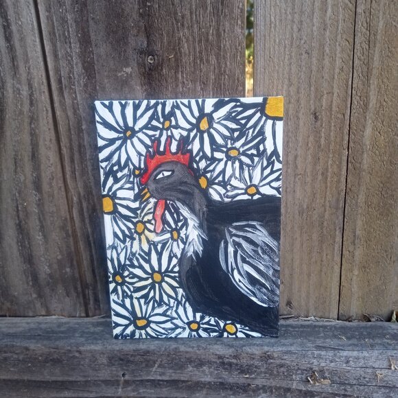 Chicken In The Daisies Painting Original Painting Folk Art - Picture 5 of 5